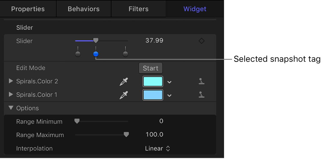 Inspector showing snapshot tags for a slider widget