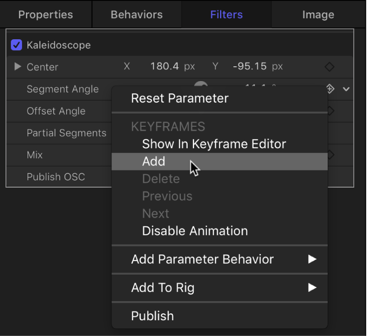 Choosing Add from the Animation menu for a filter parameter
