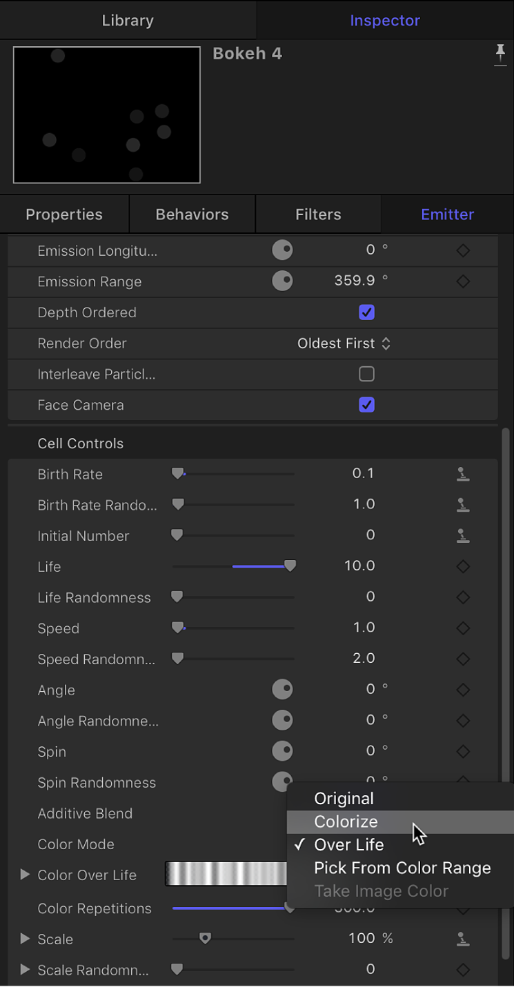 Choosing Colorize from Color Mode pop-up menu in Emitter Inspector