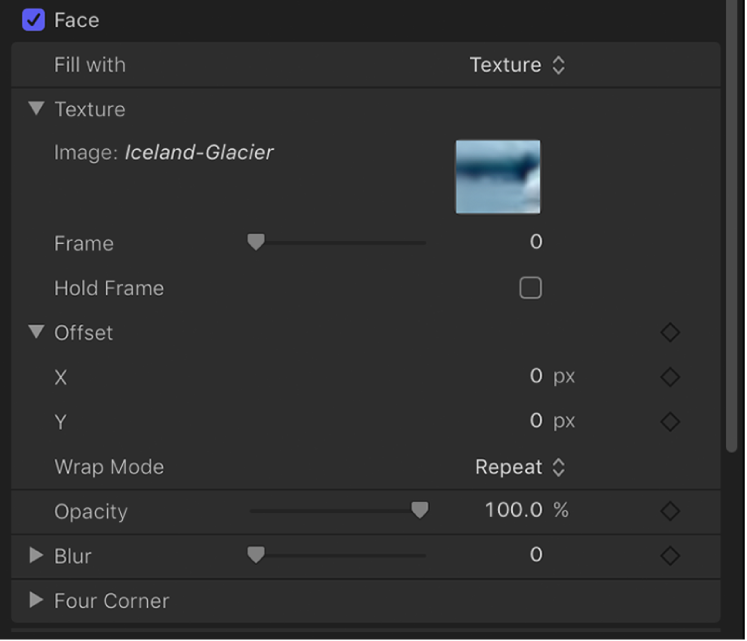 Text Inspector showing Texture editing controls, including start Frame, Hold Frame, Offset, and Wrap Mode