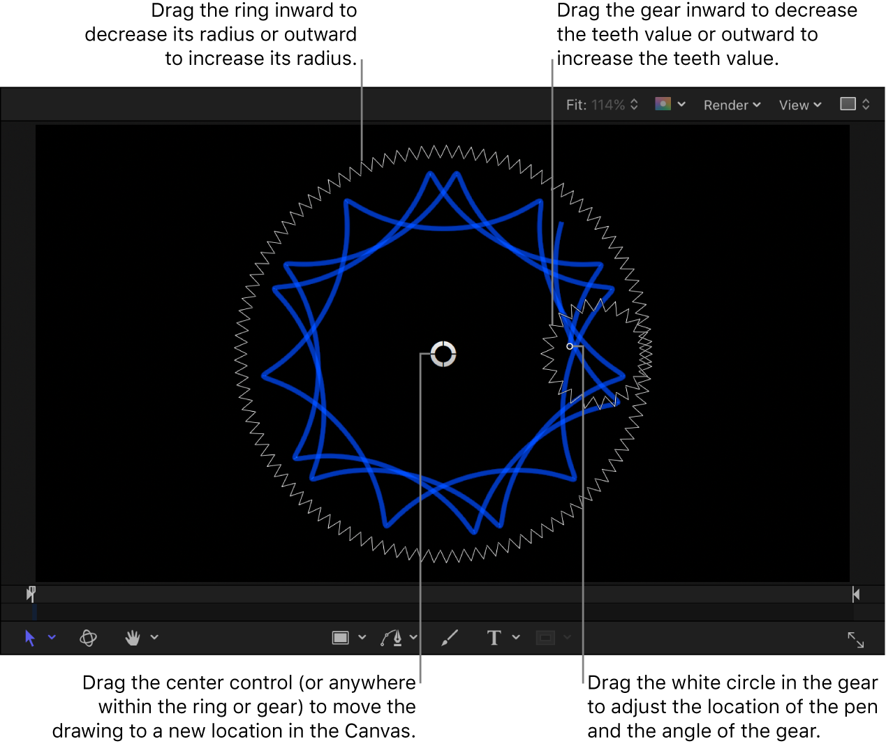 Lienzo con controles en pantalla de “Dibujo en espiral”