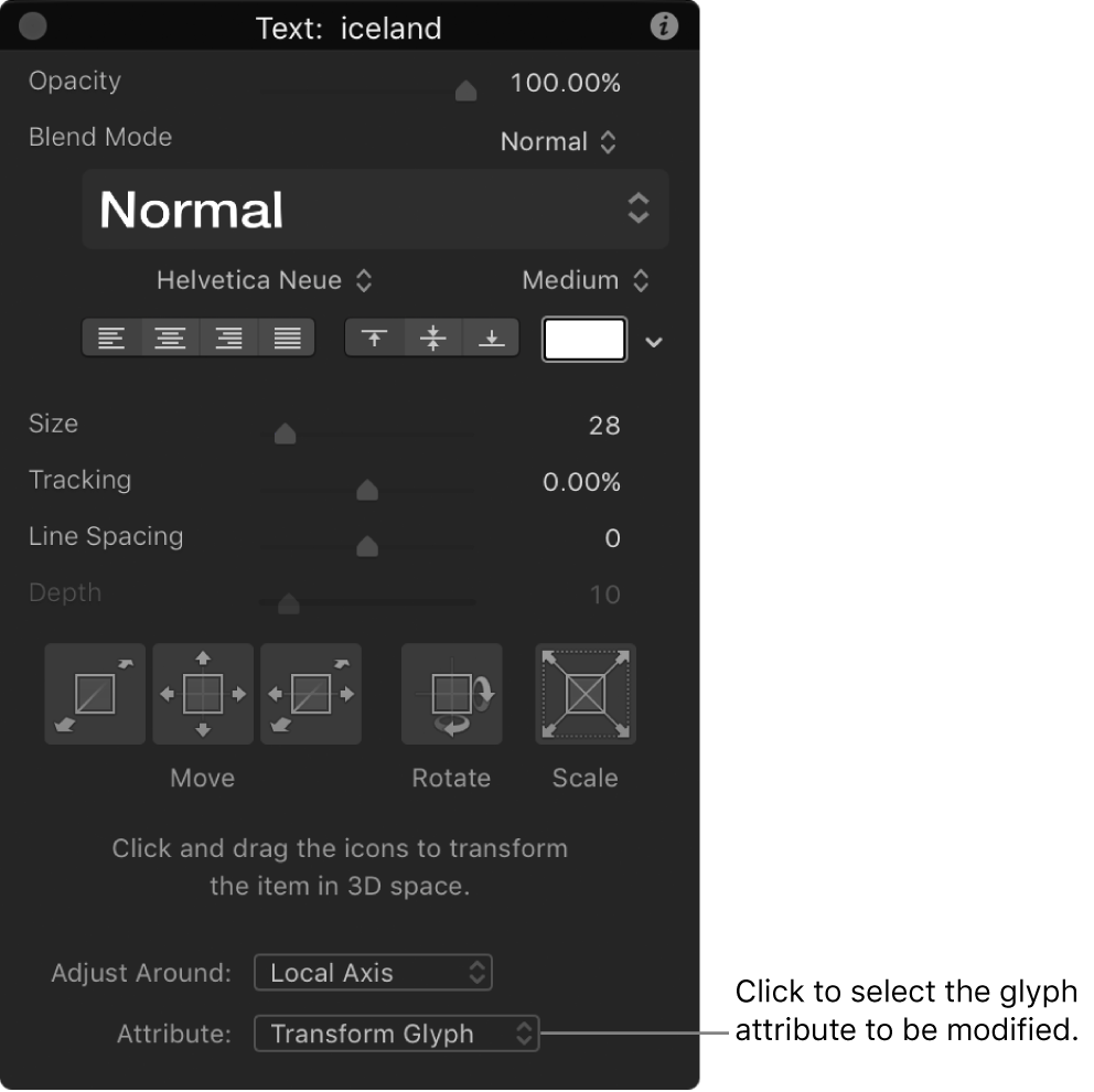 Pantalla semitransparente de texto con la herramienta “Transformar glifo” seleccionada