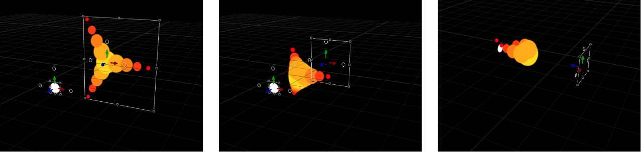 Lienzo y el replicador en el cual los elementos del diseño se mueven hacia otro objeto (con el comportamiento de simulación “Atraído hacia” aplicado) en el espacio 3D.