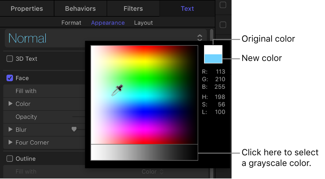 Paleta de colores desplegable con las muestras de color original y nueva, y el área de selección de color de escala de grises
