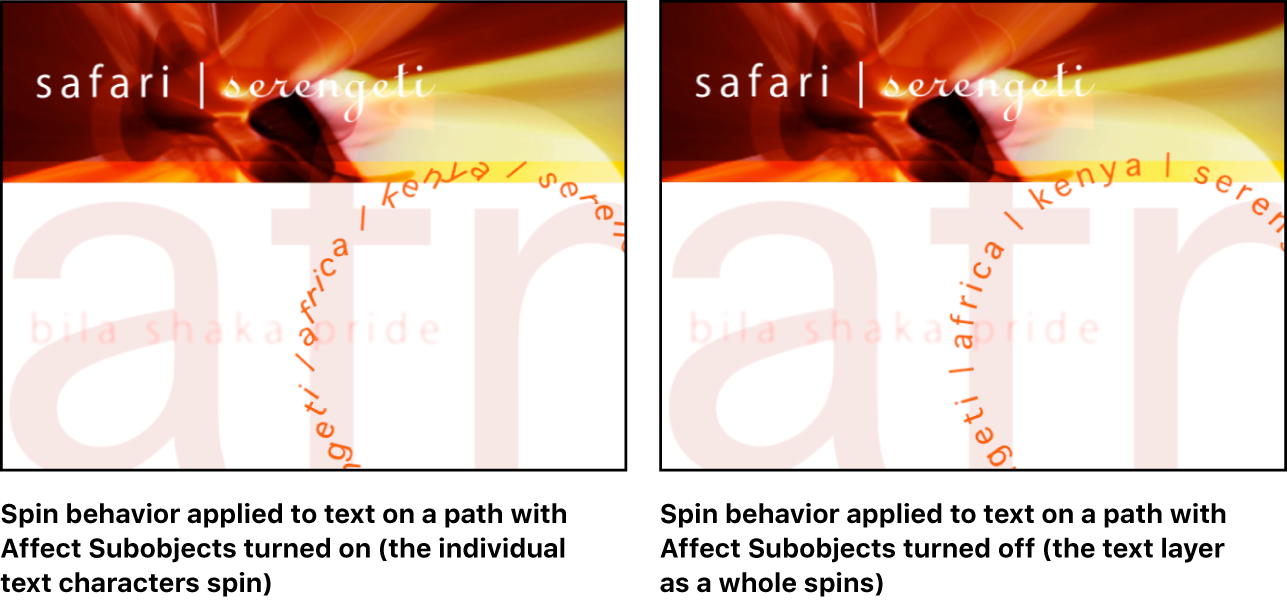 Lienzo que muestra el efecto del ajuste “Afectar a subobjetos”: cuando el ajuste está activado, giran las letras individuales; cuando está desactivado, lo hace la capa de texto como un todo.