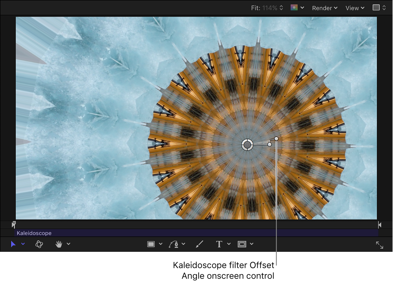 Control en pantalla “Ángulo de desviación” del filtro Caleidoscopio