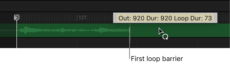 Línea de tiempo con una pista de audio a la que se le está aplicando un bucle