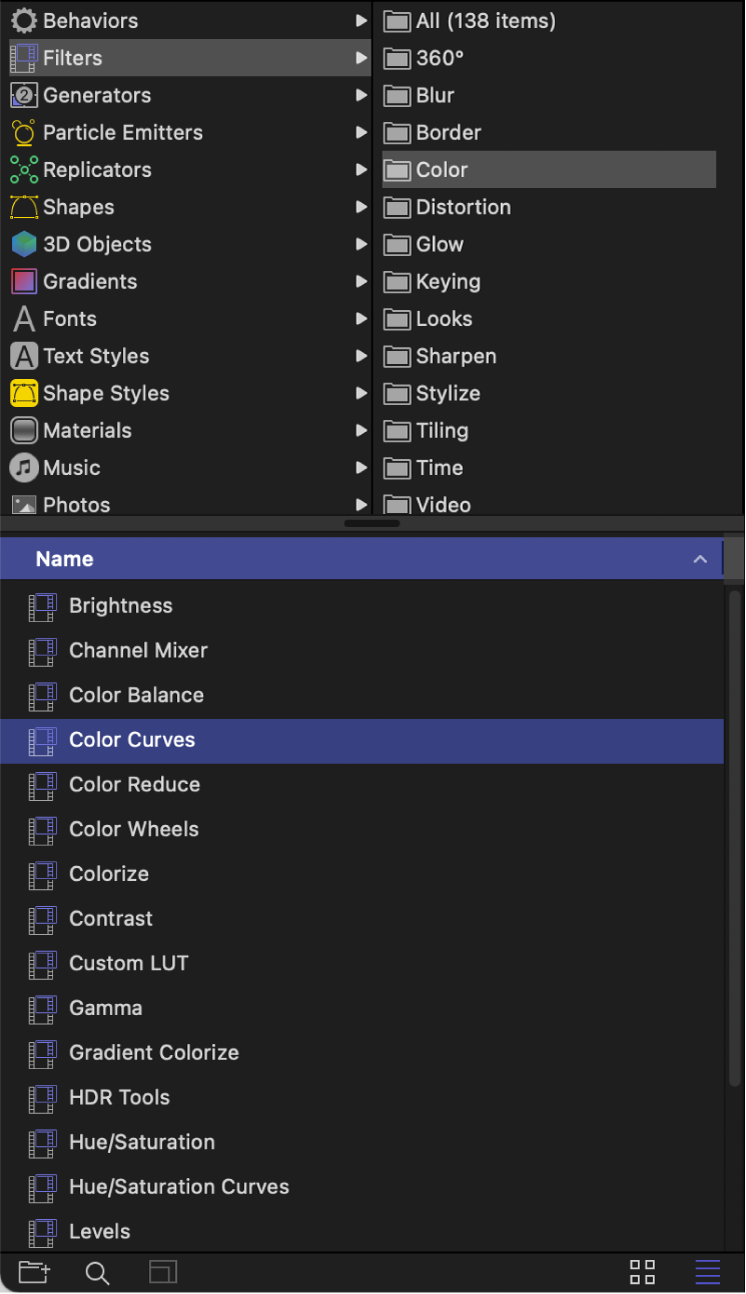 Categoría Color seleccionada en la biblioteca de filtros