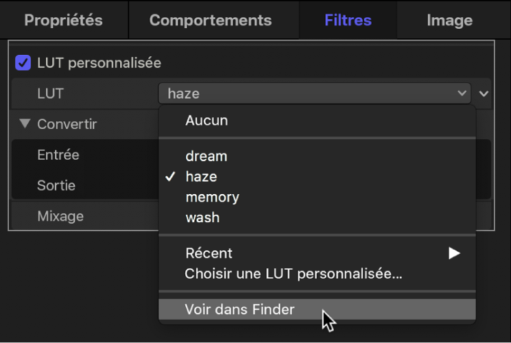 Inspecteur de filtres affichant l’option « Afficher dans le Finder » dans le menu local LUT