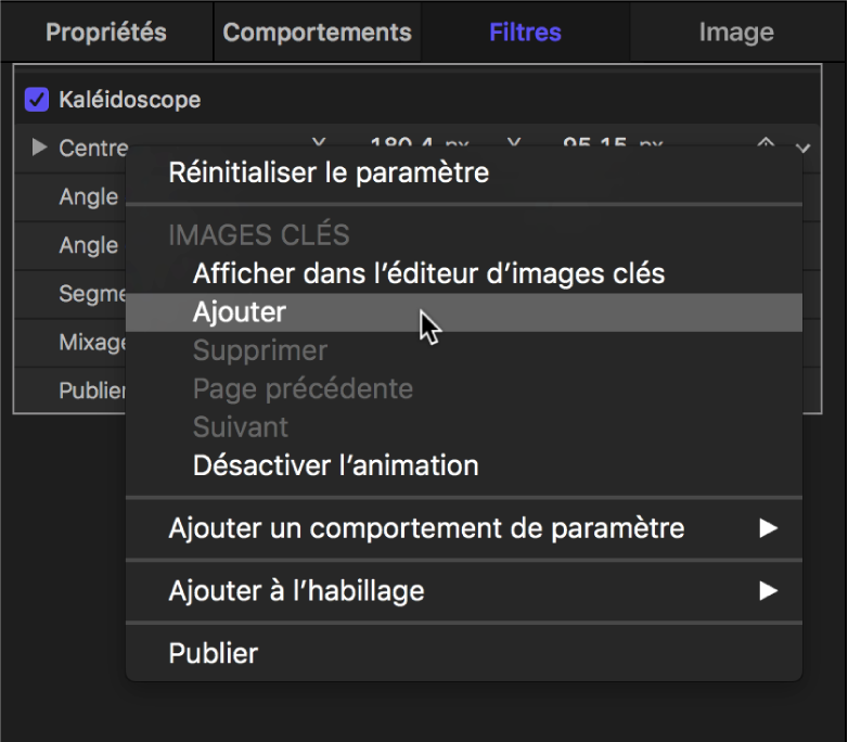 Choisir Ajouter dans le menu Animation pour un paramètre de filtre