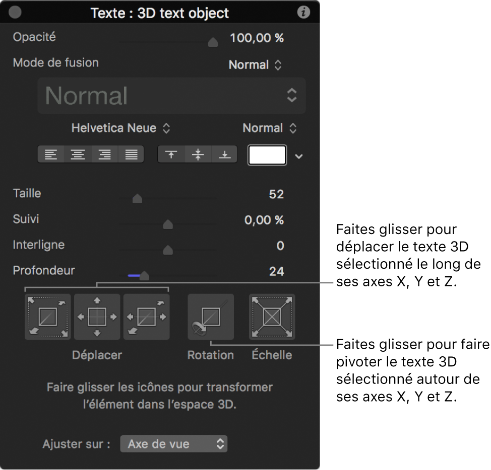 Palette affichant la section Texte 3D avec l’outil d’ajustement 3D sélectionné