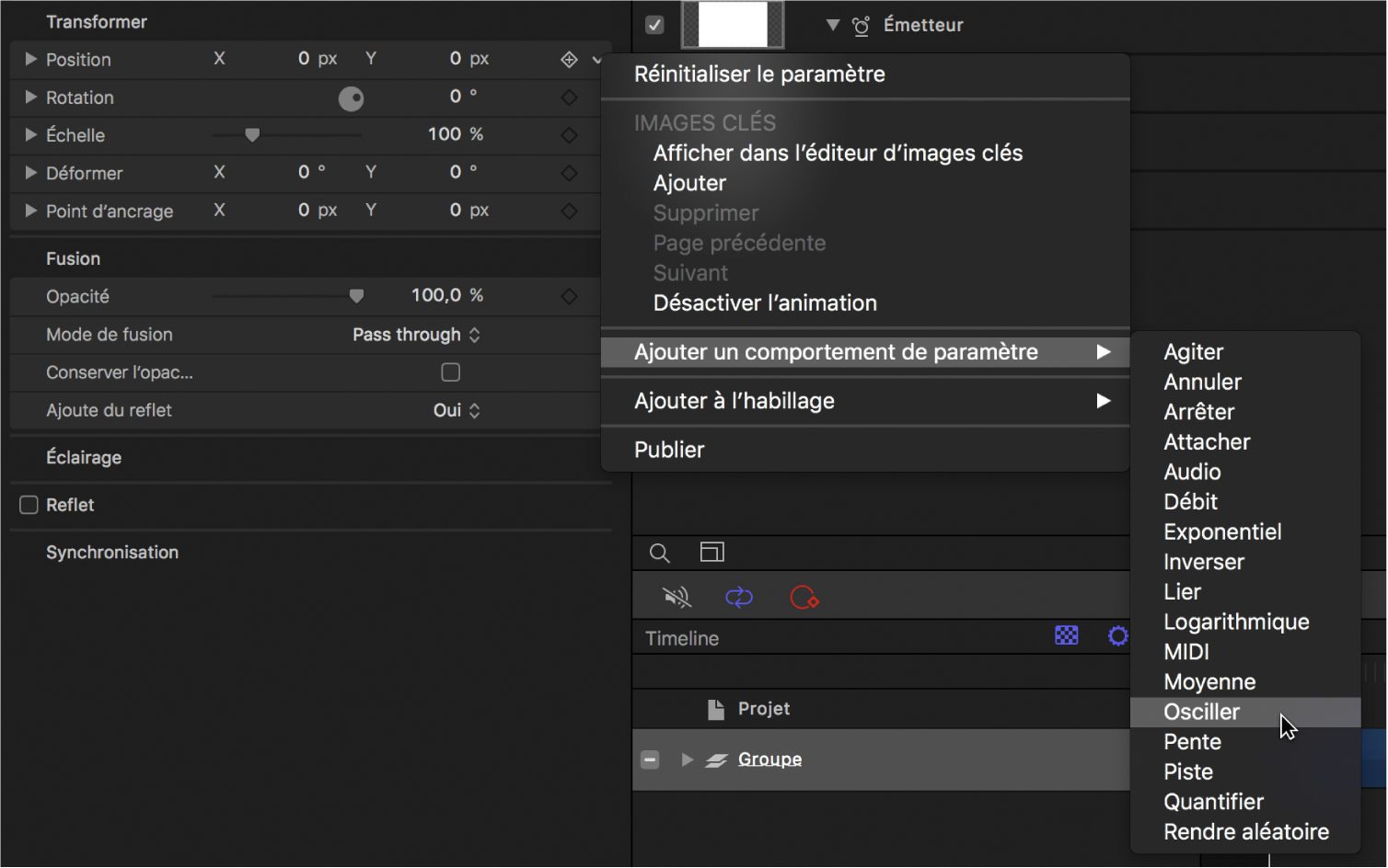 Sous-menu Ajouter un paramètre du menu Animation