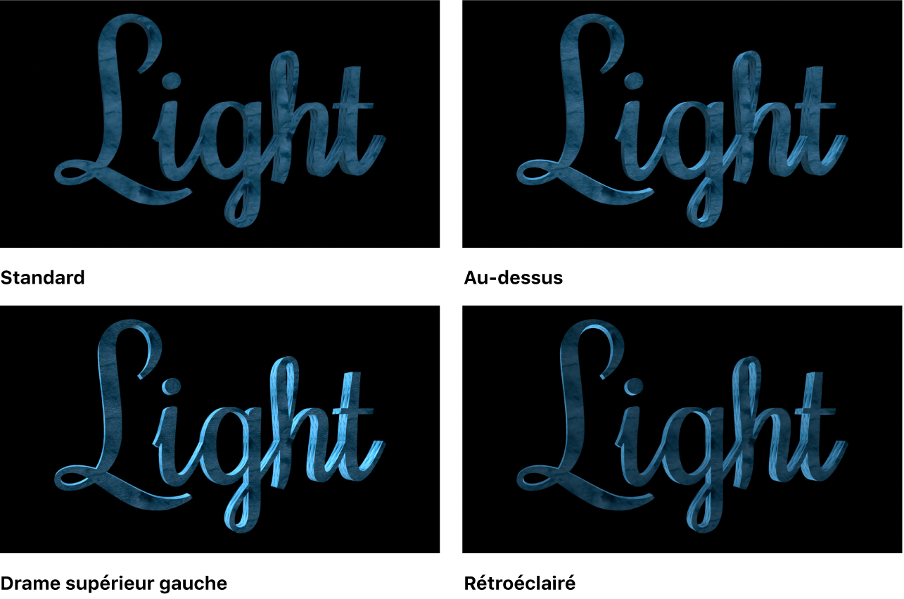Canevas affichant un objet texte 3D avec le Style d’éclairage réglé sur Standard, Au-dessus, Drame gauche supérieure et Rétroéclairé
