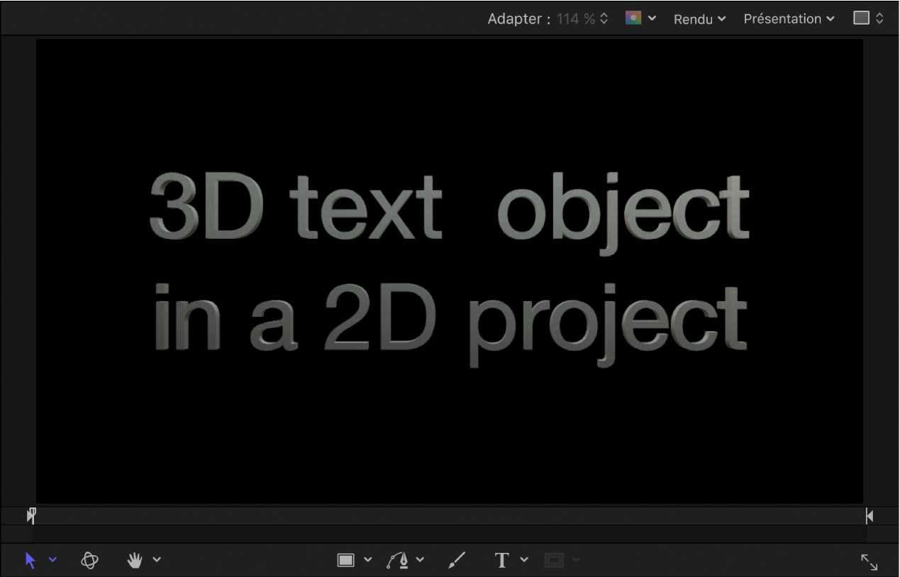 Canevas affichant un exemple de texte 3D dans un projet 2D