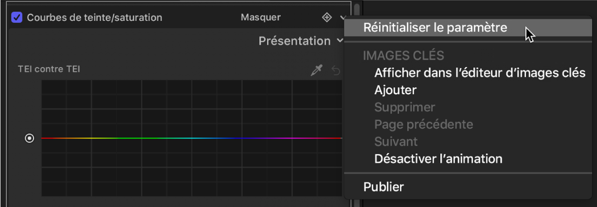 Inspecteur de filtres affichant l’option « Réinitialiser le paramètre » dans le menu Animation