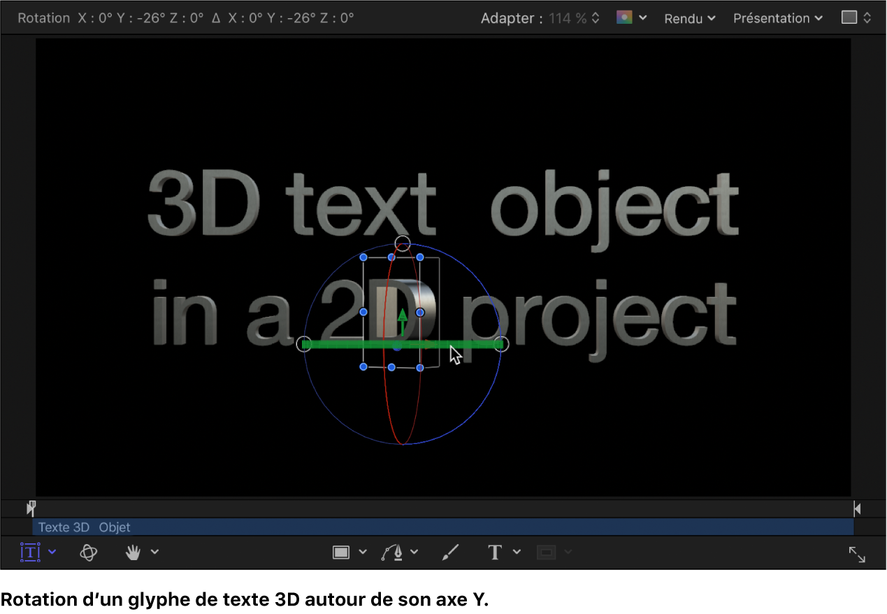 Rotation d’un glyphe de texte 3D autour de l’axe X dans le canevas