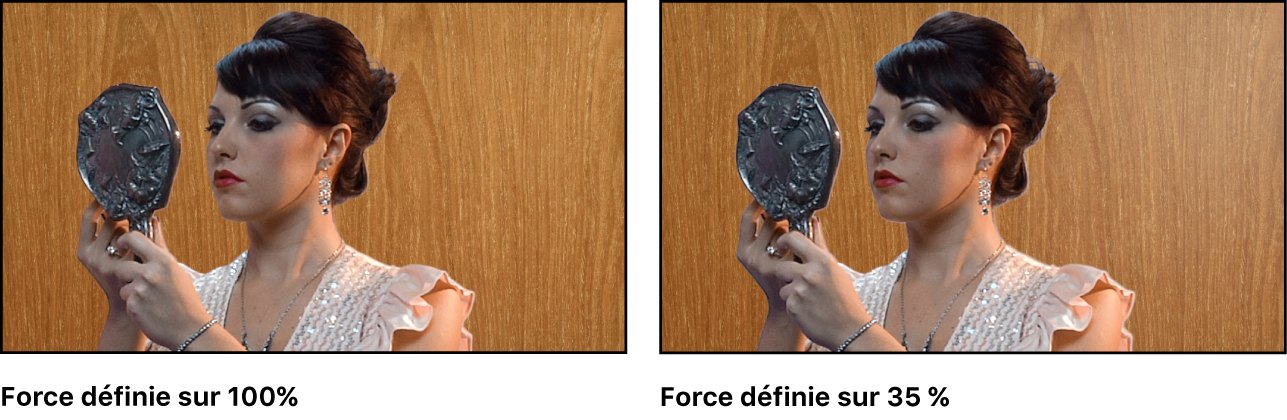 Comparaison de deux images incrustées dans le canevas. Dans le premier exemple, la valeur Force est définie sur 100 pour cent. Dans le deuxième exemple, la valeur Force est définie sur 35 pour cent.