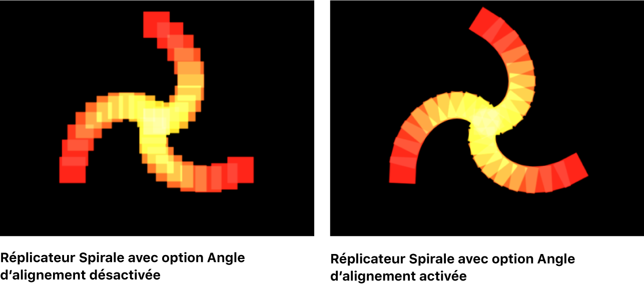 Canevas comparant deux réplicateurs Spirale, l’un avec l’option Angle d’alignement désactivée, l’autre avec cette même option activée.