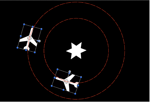 Fenêtre de canevas affichant les trajectoires d’animation pour deux objets avec un comportement Vortex appliqué à un troisième objet
