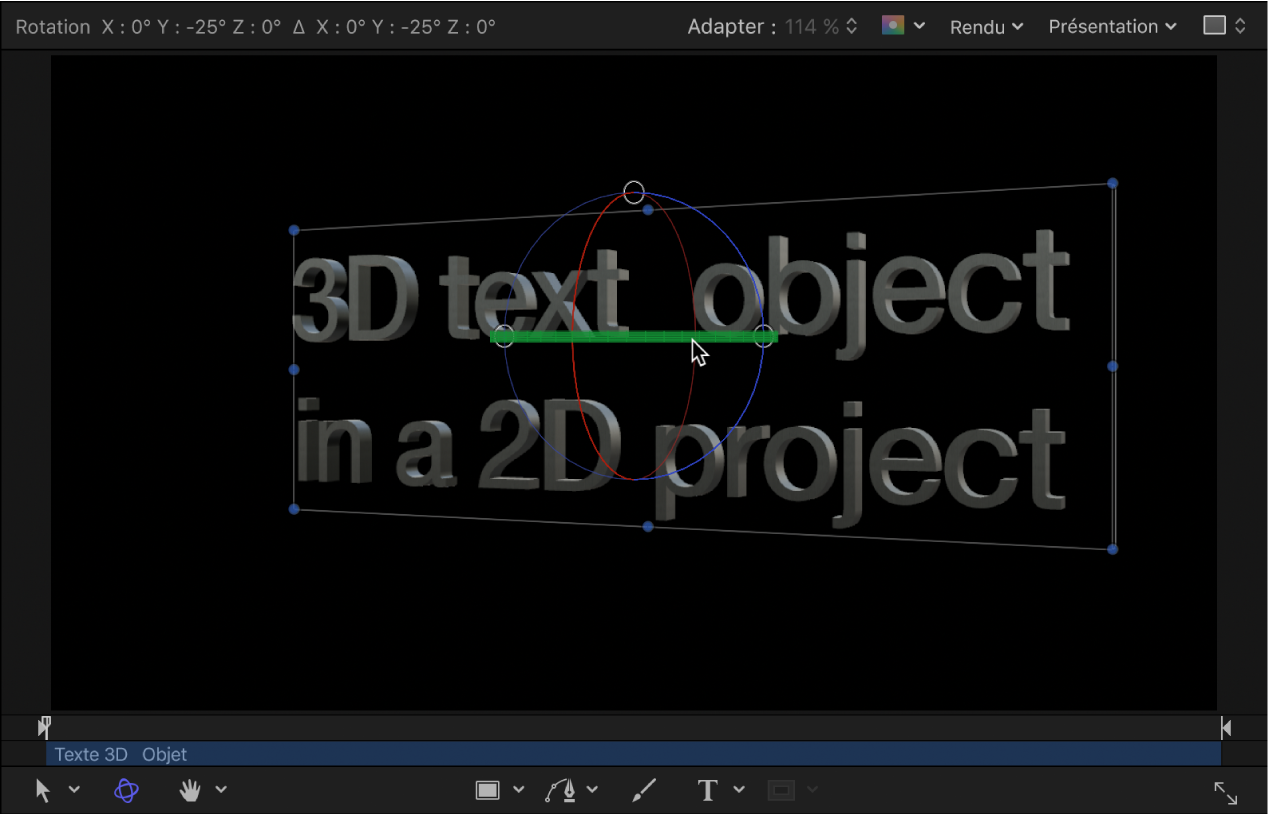 Canevas affichant un exemple de texte 3D en rotation dans un projet 3D
