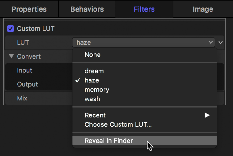 「フィルタ」インスペクタ。「LUT」ポップアップメニューで「Finderに表示」が選択されています