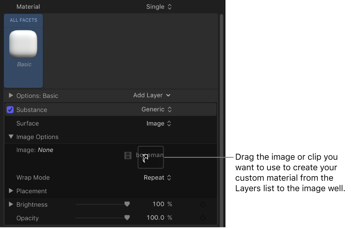텍스트 인스펙터 모양 패널의 이미지 옵션 제어기에 있는 이미지 저장소로 사용자 설정 이미지를 드래그합니다.