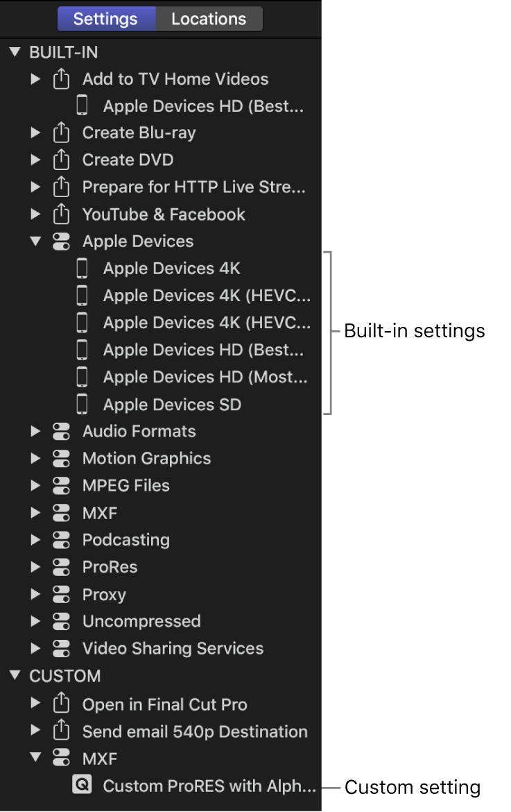 Settings pane showing a collection of built-in and custom settings.