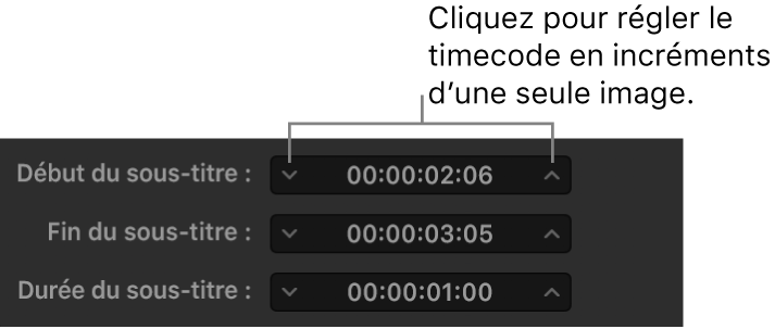 Champs de synchronisation des sous-titres montrant le timecode et les flèches de déplacement entre les images