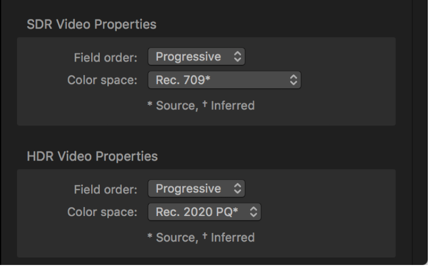 SDRソースビデオとHDRソースビデオの別個の色空間ポップアップメニューが表示されている「ジョブ」インスペクタ。