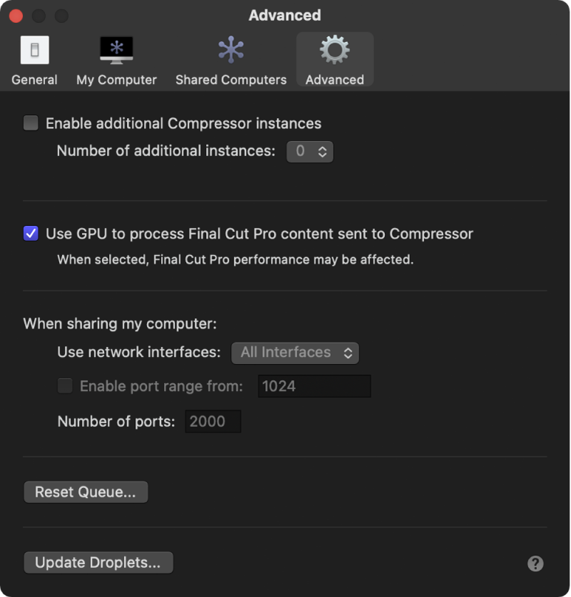 “高级”偏好设置面板