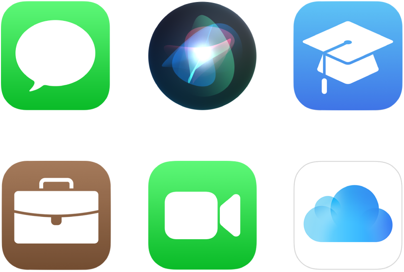 أيقونات لست خدمات من Apple: ‏Apple School Manager و Siri و iMessage و iCloud و FaceTime و Apple Business Manager.