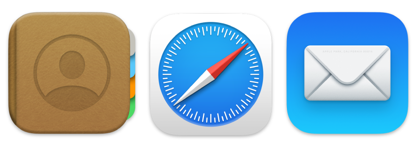 أيقونات لثلاثة من التطبيقات التي تقدمها Apple: البريد و Safari وجهات الاتصال.