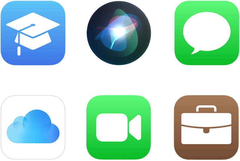 Icônes de six services Apple : Apple School Manager, Siri, iMessage, iCloud, FaceTime et Apple Business Manager.