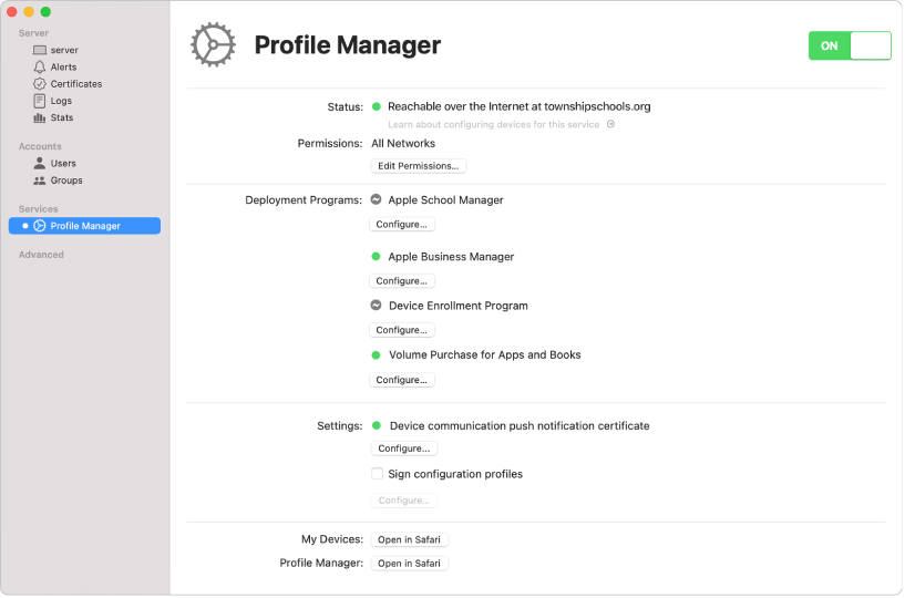 Profile Manager is turned on using the Server app and configured using the Profile Manager web interface.
