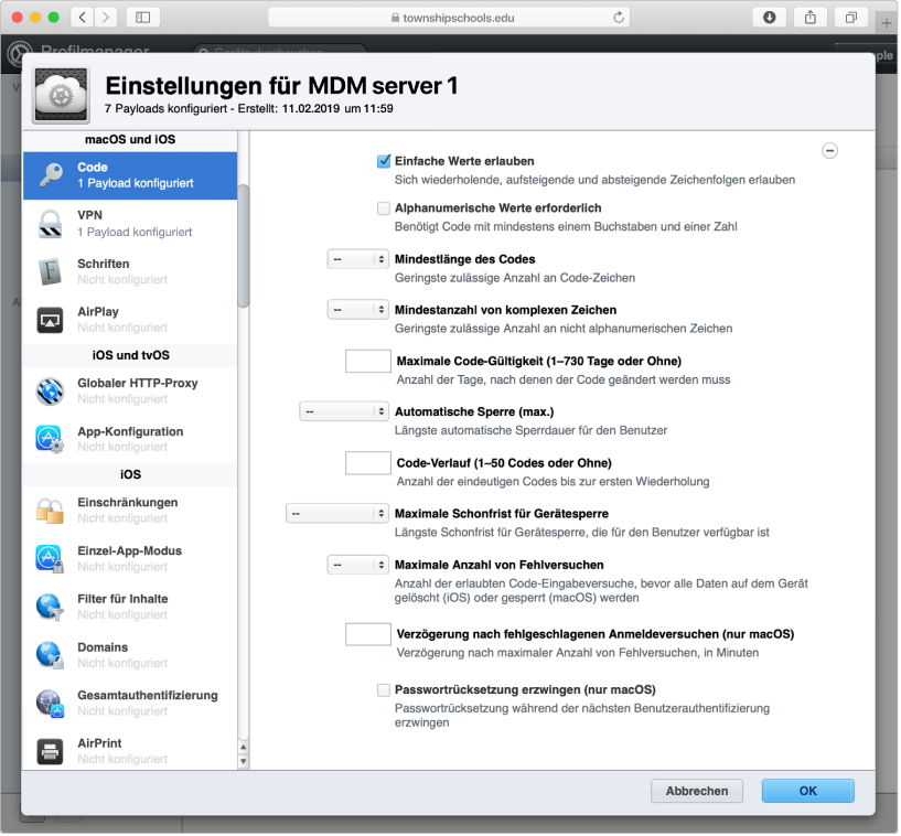 Optionen für macOS-, iOS- und iPadOS-Code und -Passworteinschränkungen im Profilmanager.