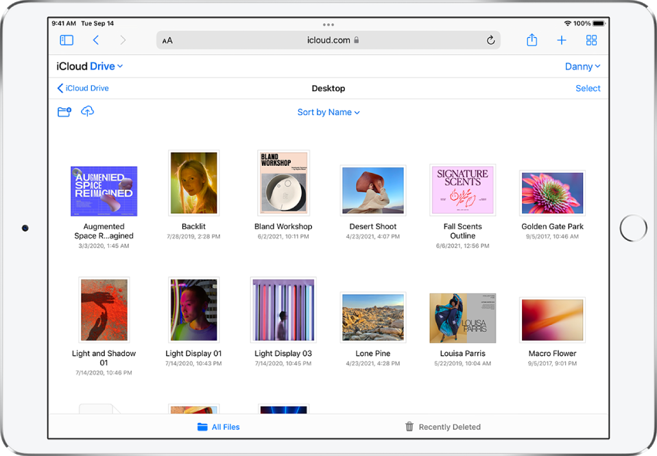 iCloud Drive is open on iCloud.com on an iPad, and contains a folder called Desktop, which includes photos and presentations.