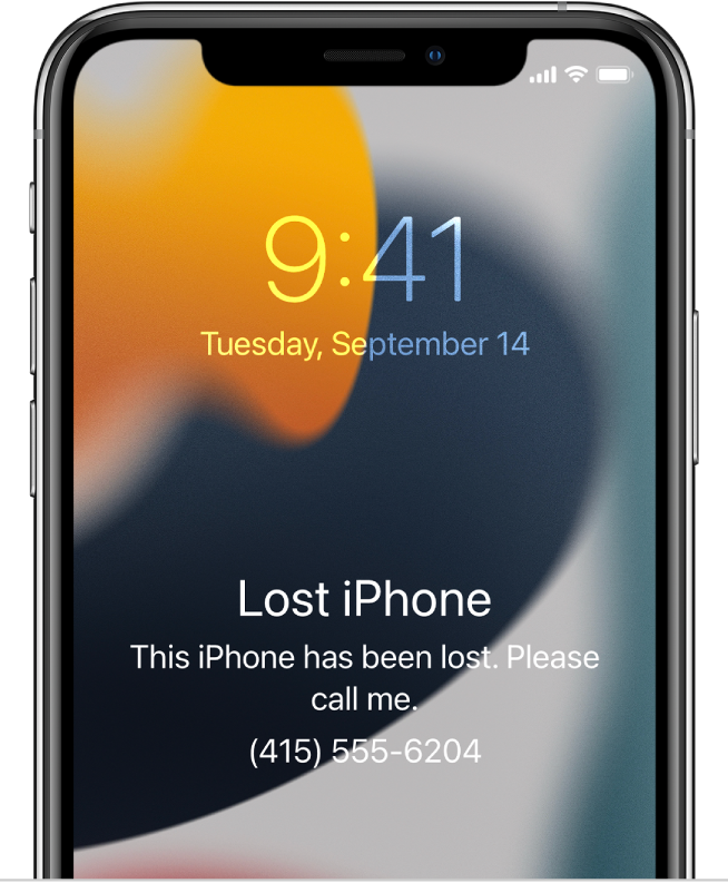 An iPhone Lock screen with the message: “Lost iPhone. This iPhone has been lost. Please call me. (669) 555-3691.”