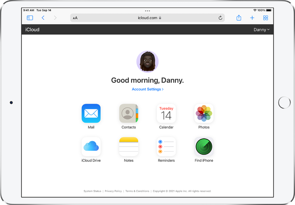 The iCloud.com homepage on an iPad.