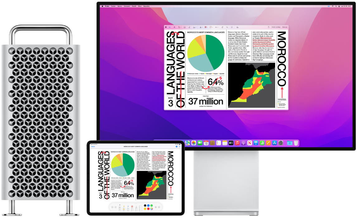 Mac Pro a iPad vedle sebe. Na obou displejích je vidět článek s červeně vepsanými ručními korekturami, například přeškrtnutými větami, šipkami a vloženými slovy. U dolního okraje obrazovky iPadu se zobrazují také ovládací prvky pro anotace.