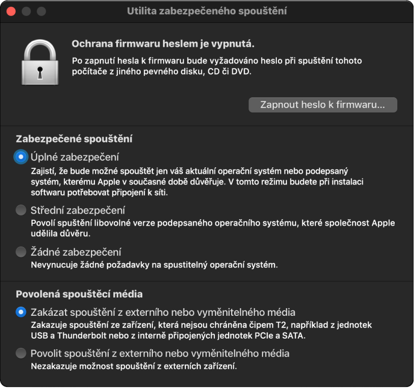 Otevřené okno Utility zabezpečeného spouštění se zaškrtnutými volbami zabezpečeného spouštění a externího spouštění