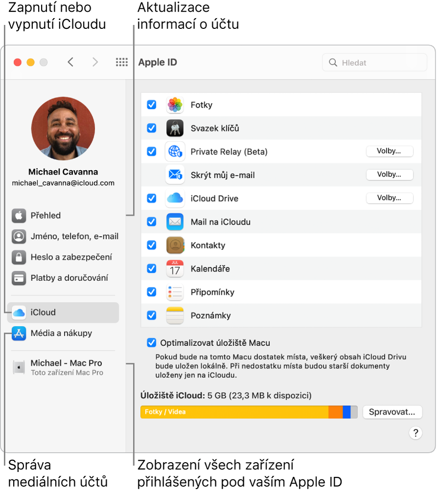 Panel Apple ID v Předvolbách systému. Po kliknutí na různé položky na bočním panelu můžete aktualizovat údaje o svém účtu, zapnout nebo vypnout iCloud, spravovat mediální účty nebo zobrazit všechna zařízení přihlášená pod vaším Apple ID.