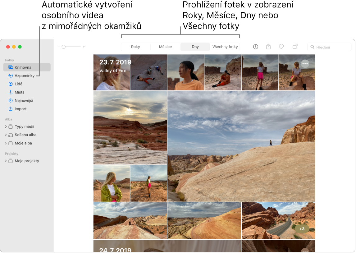 Okno aplikace Fotky s volbami zobrazení fotek v knihovně (Roky, Měsíce, Dny a Všechny fotky) v horní části