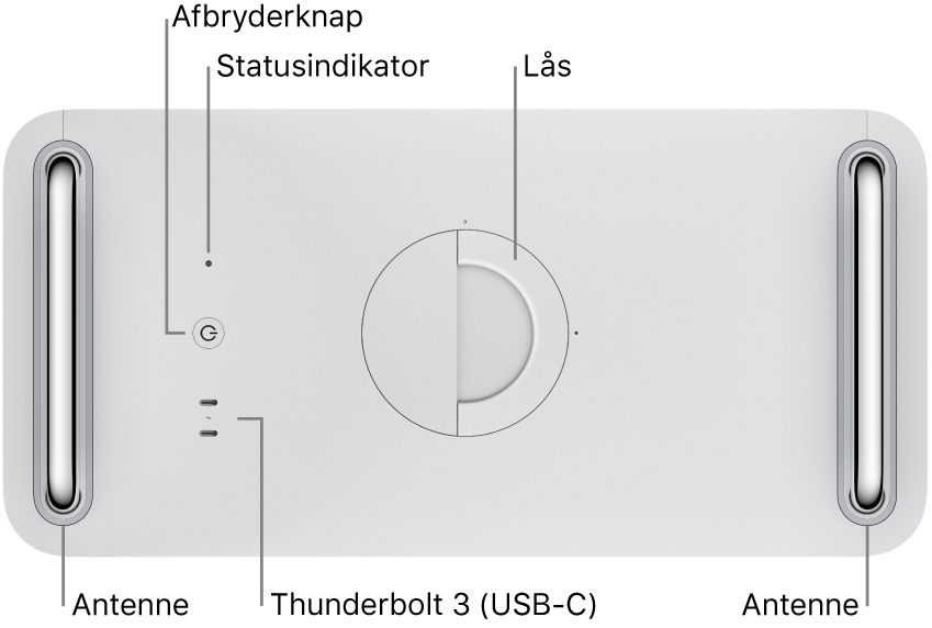 Den øverste del af Mac Pro med afbryderknappen, systemindikatoren, låsen, antennen og to Thunderbolt 3-porte (USB-C).