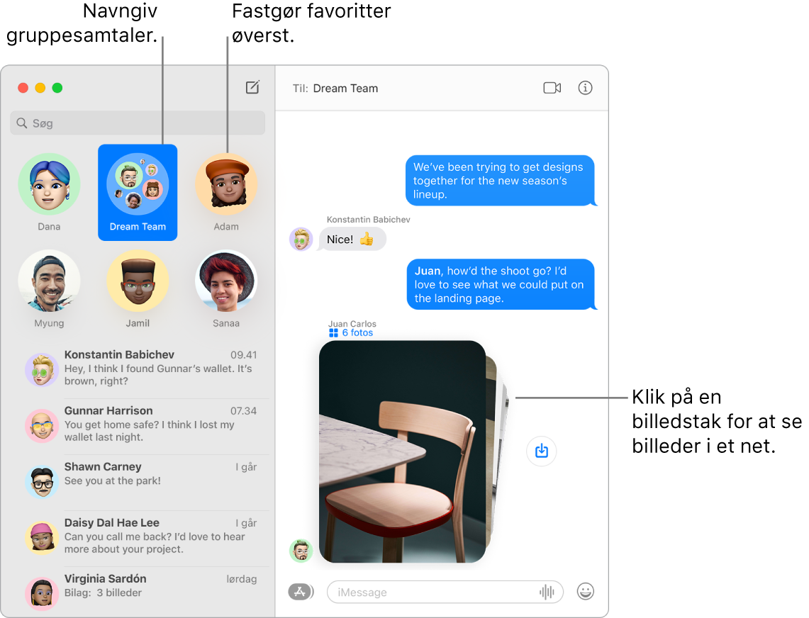 Et vindue i Beskeder med en gruppechat og individuelle chats fastgjort øverst i venstre kolonne. I chatten i højre side er der en stak med seks billeder med knappen Gem foto ved siden af.