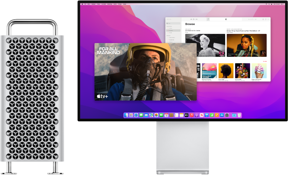Mac Pro Tower og Pro Display XDR ved siden af hinanden.