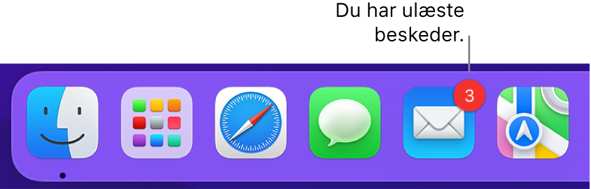 En del af Dock, der viser symbolet for appen Mail med et etiket, som viser antallet af ulæste beskeder.