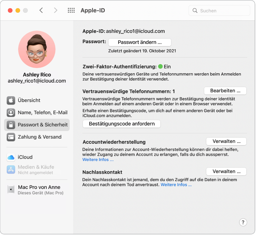 Der Apple-ID-Bereich „Passwort und Datenschutz“ in den Systemeinstellungen. Klicke auf „Verwalten“, um die Accountwiederherstellung einzurichten.
