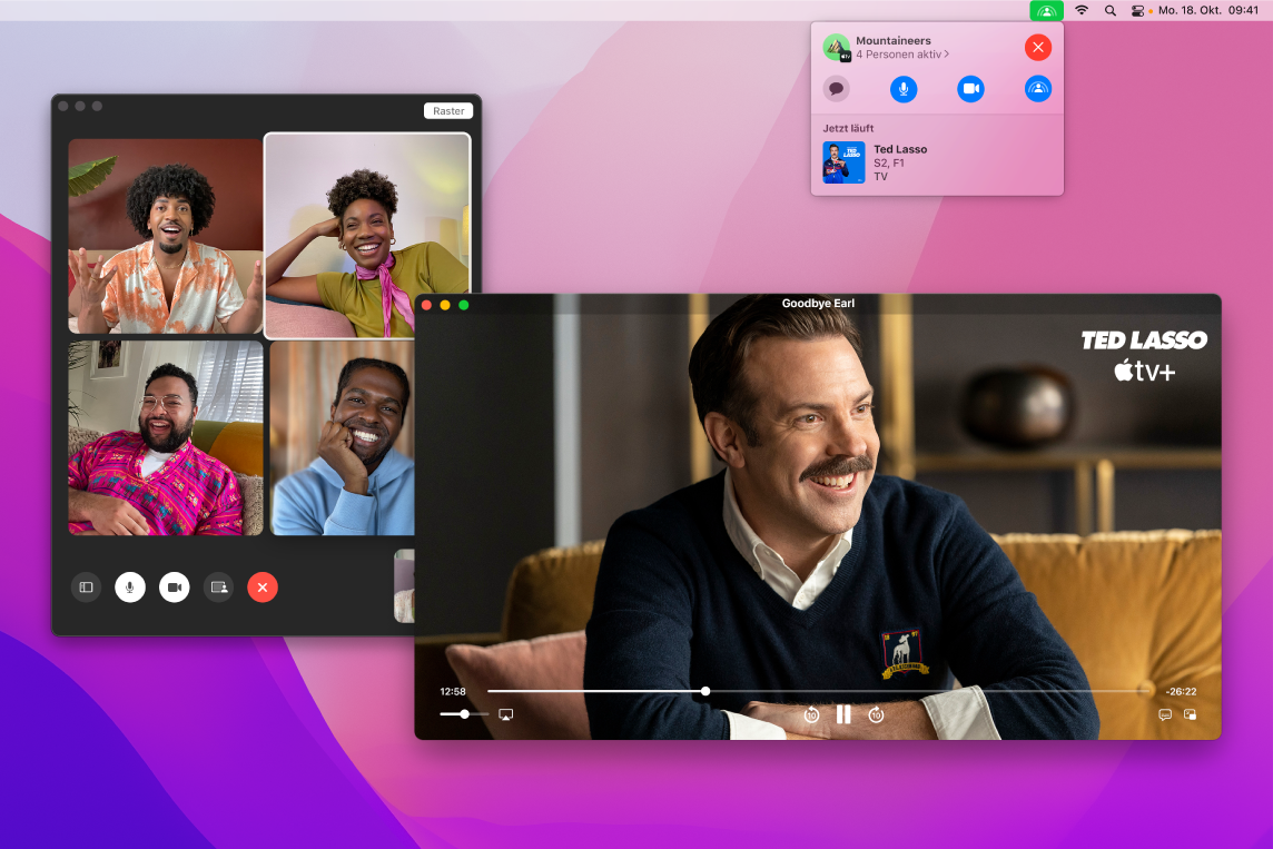 Eine geteilte Fernsehparty, bei der eine Folge von Ted Lasso im Apple TV App-Fenster und das Publikum im FaceTime-Fenster gezeigt werden.