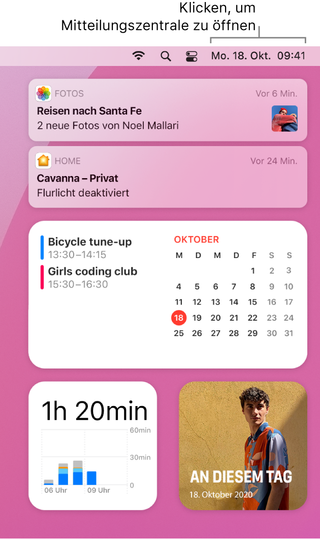 Die Mitteilungszentrale mit Mitteilungen und Widgets für die Apps „Fotos“, „Home“, „Kalender“ und „Bildschirmzeit“.