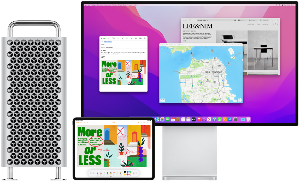 Ein Mac Pro und ein iPad werden nebeneinander angezeigt. Auf dem iPad-Bildschirm ist ein Flyer mit Markierungen zu sehen. Auf dem Mac Pro-Bildschirm ist eine Mail-Nachricht mit dem markierten Flyer vom iPad als Anhang zu sehen.